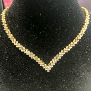 3-Row zig zag CZ statement tennis line ladies necklace drop earrings set Gold